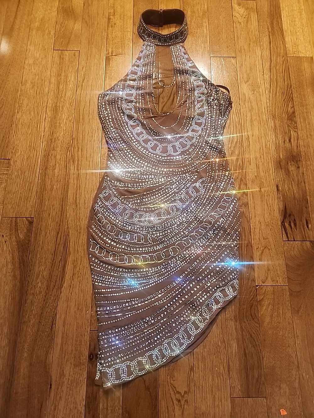 Nude Brown Rhinestone Mesh Halter Choker Bodycon Cocktail Dress Lg
